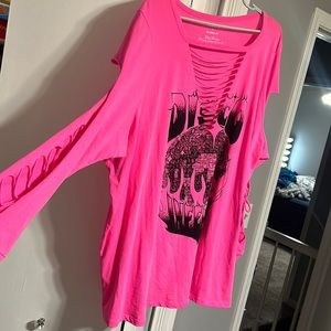 Torrid - 4 hot pink shredded up disco long sleeve slit up t shirt